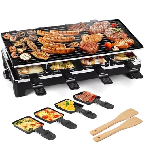 Piedra for hornear raclette 2 en 1, parrilla eléctrica con revestimiento antiadherente for 8 personas, parrilla for fiestas de raclette, parrilla eléctrica sin humo con temperatura ajustable de 1500 W
