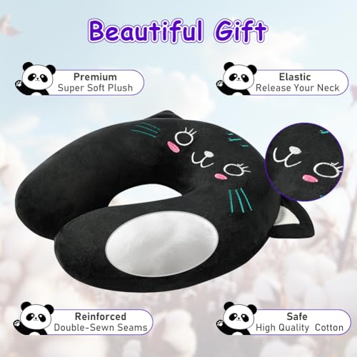 Alaoo Nackenkissen Kinder, Memory Foam Nackenstütze, Reisekissen U-förmiges Nackenstützkissen, Cartoon Tier Nackenhörnchen, Stützkissen für Auto Zug Büro Heim Flugzeug für Reisen (Schwarz Katze)