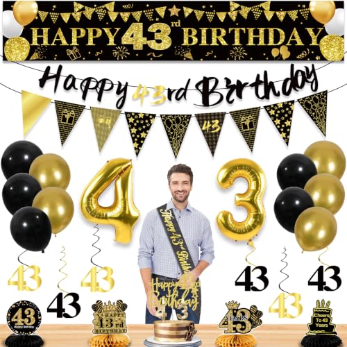 Image of 43rd Birthday Decorations for Men, Black Gold 43rd Party Decoration Kits | 27pcs Happy 43rd Birthday Set, Banner, Honeycomb, Balloons, Gold Number, Candle, Hanging Swirls, Cake Topper, Party Supplies