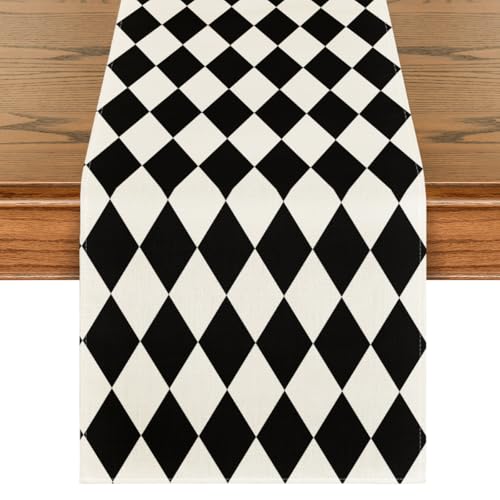 Artoid Mode Black Beige Diamond Plaid Table Runner, Seasonal Halloween Party Kitchen Dining Table Decoration For Home Party Decor 13X72 Inch