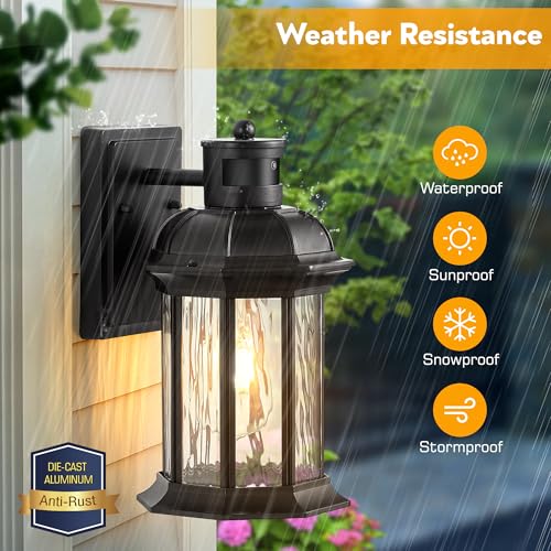 vianis dusk to dawn motion sensor outdoor porch lights modern black exterior porch light fixtures wall mount anti-rust aluminum waterproof wall lantern with tempered ripple glass for garage entryway