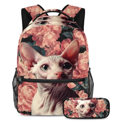 Sac à dos chat sans poils 2 pièces grand cartable scolaire avec trousse