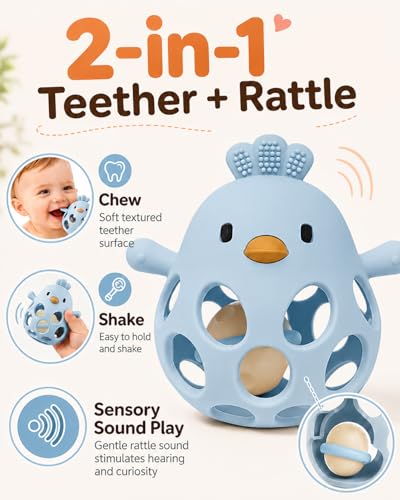 Image of Tinabless 2-in-1 Baby Teething Rattle Toy, Easy Grip Silicone Teether for Babies 3-12 Months, BPA-Free Sensory Grasping Chew for Sore Gums, Infant Shower Gift (Blue w /Rattle)