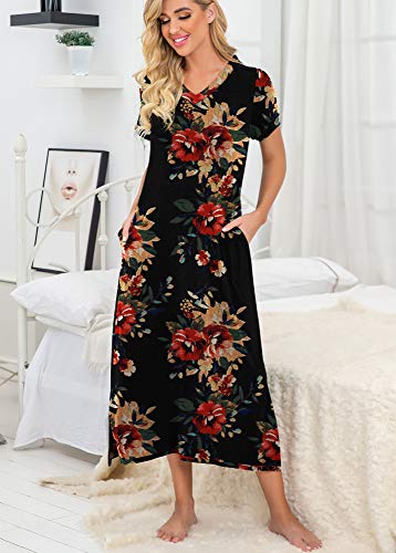 Prinstory Womens Long Nightgown Short Sleeve Nightshirt V-Neck Soft Loungewear Casual Sleepwear With Pockets Fp-Brown Black-Large #TOP1