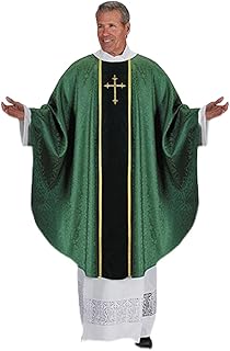 Monastic Jacquard Chasuble Priest Celebrant Chasubles Catholic Church Father Mass Vestments, Green Color, 59 Inch x 51 Inch