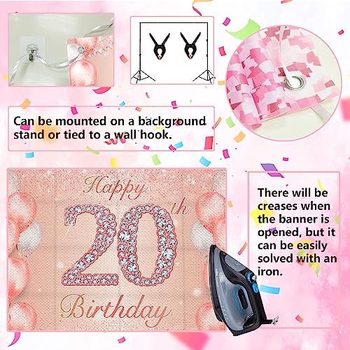 Image of Happy 20th Birthday Rose Gold Banner Cheers to 20 Years Old Backdrop Confetti Balloons Theme Decor for Girls Women 20 Years Old Pink Birthday Party Decorations Bday Supplies Background Gift Glitter