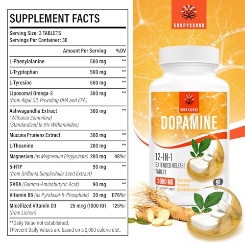 Image of Kroppssund Dopamine Supplements with L-Theanine & Ashwagandha, 12-in-1 Extended Release Formula, 3000mg Per Serving, 90 Tablets (1 Bottle)