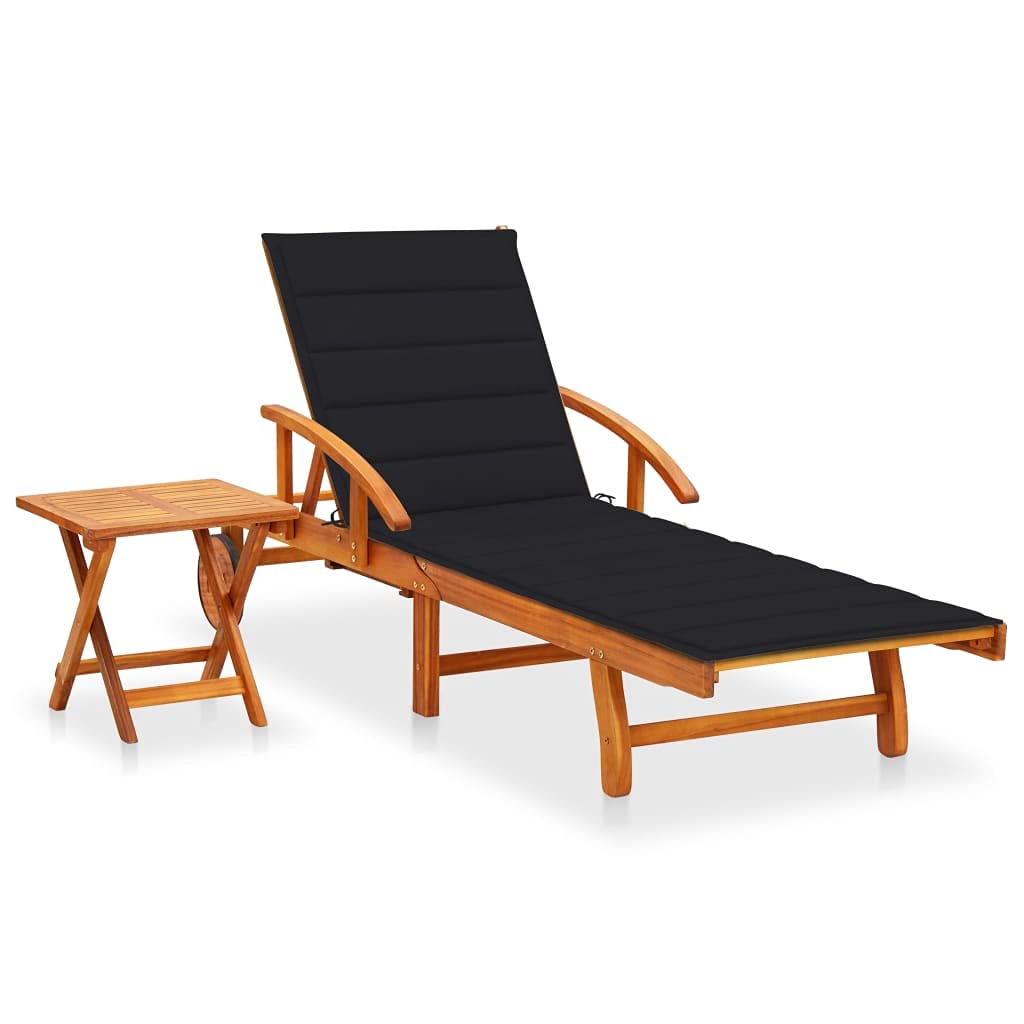 Gartenliege aus massivem Akazienholz mit ausziehbarem Tisch und verstellbarem Kissen, Sonnenliege mit Rollen und verstellbarer Rückenlehne für Terrasse, Entspannung