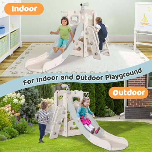 Babytronic Toddler Slide, 6 in 1 Kids Indoor Slide for Toddlers 1-3, Kids Playground for Indoor Outdoor with Basketball Hoop and Telescope, Indoor Outdoor Slide Playset (White&Gray)