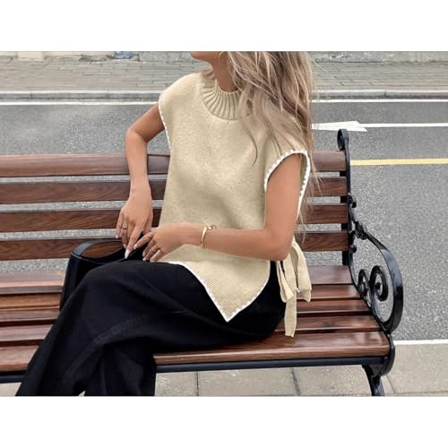 Knit Sweater Vest Sleeveless Side Tie Pullover Round Neck Soft Textured Knitwear with Contrast Edge Trim3