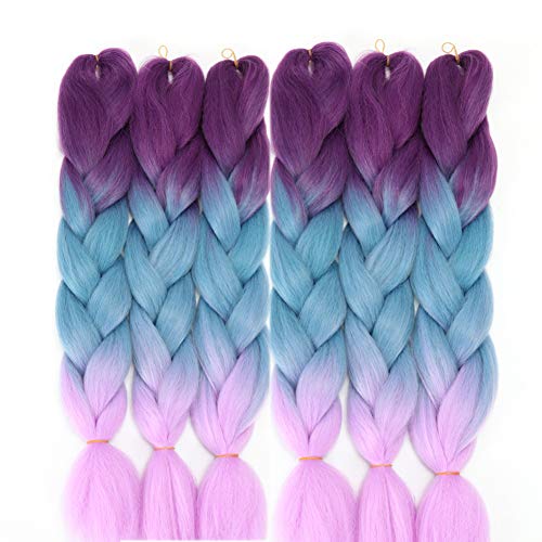 Imierfa Ombre Braiding Hair Purple Feed in Hair for Braids 3 Tone Color Braiding Hair Extensions for Twist Braids Box Braids Crochet Hair (Purple-Lake Blue-Light Purple 24" 6PCS)