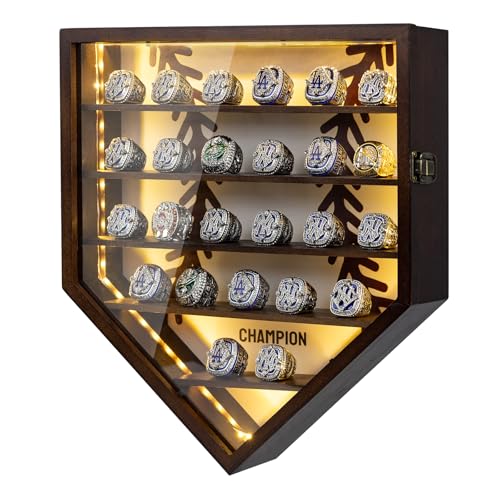Championship Ring Display Case Display 25pcs Rings Baseball Ring Display Case with LED Light Wall Mount Wooden Shadow Box for Multiple Ring