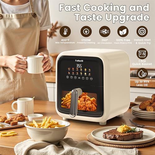 Image of Fullwill Air Fryer with Visible Window, 7.5QT,12-in-1 Multi-Function Air Fry,Roast,Bake, Dehydrate, Fries,Nonstick and Dishwasher-Safe Basket,Family&friends Party,1700W,Creamy White