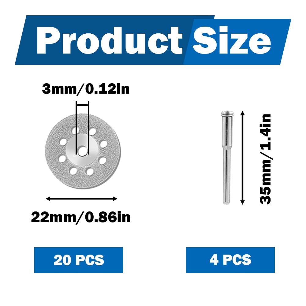 24 PCS Diamond Cutting Wheel 22mm Diamond Cutting Discs Mini Cut off Discs with 3mm Mandrel for Metal Glass Ceramics Porcelain Gem Stones Jade Marble Tile Wood - Image 2