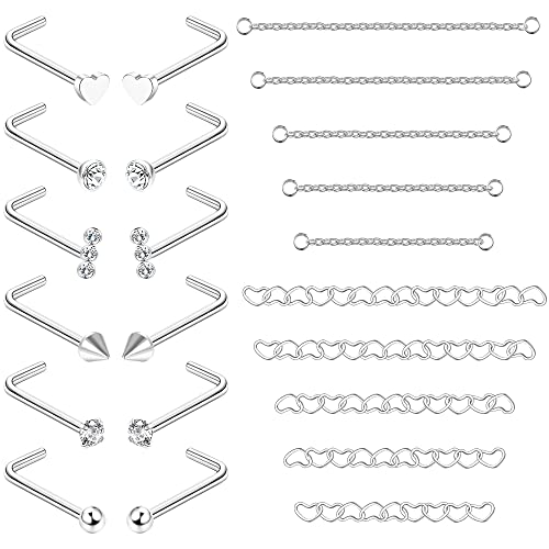 Adramata 12 Stück Nasenstecker 10 Stück Nasenkette Piercing Chirurgenstahl Nasenring mit Nasenkette für Doppel Nasenpiercing 20G Nasenstecker Silber Nasenpiercings für Damen Herren Cover