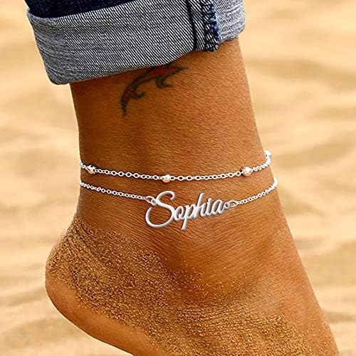 Dreamdecor Layer Name Anklet Personalized for Women, 18K Gold Plated Custom Link Chain Anklet Bracelet Adjustable Beach Bracelet for Women