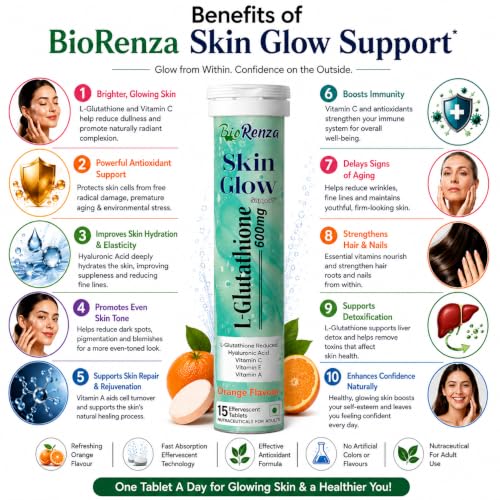 Image of Skin Glow Support L-Glutathione 600mg Effervescent Tablets, Orange Flavour, with Hyaluronic Acid, Vitamin C, E & A, 15 Tablets (1)