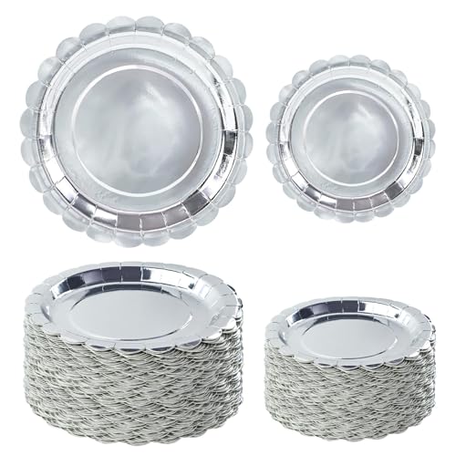FALIZIFU 50 Pcs Silver Scalloped Paper Plates 25 7 and 25 9 Disposable Silver Scalloped Paper Dinner Plates for Wedding Baby Shower Birthday Christmas Party Dessert Plate Disposable