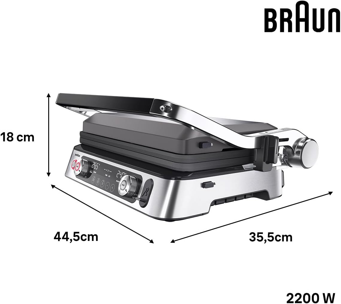 Braun CG9167 Multigrill 9 Pro side view showing dimensions: 35.5 cm depth, 44.5 cm width, 18 cm height.