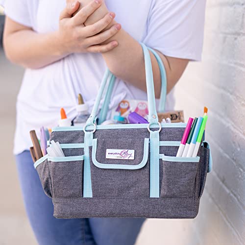 Image of Everything Mary Deluxe Store & Tote Organizer - Heather & Teal Craft Bag with Handle - Collapsible Storage for Scrapbooking, Sewing, Art Tools & DIY Supplies