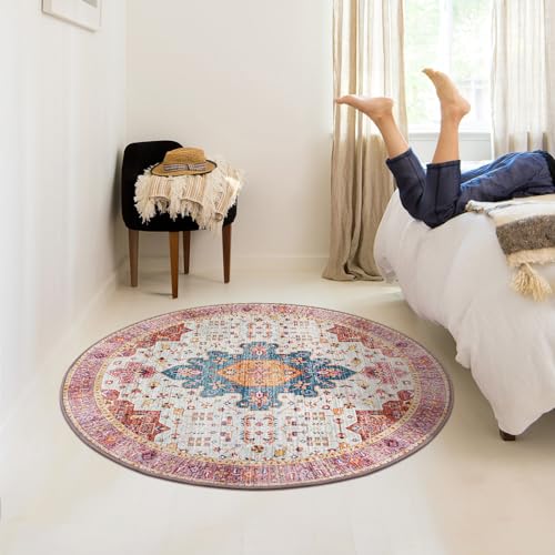 Moynesa Ultra-Thin Washable Round Rug - 4ft Pink Oriental Circle Area Rugs for Nursery Bedroom, Vintage Non Slip Non Shedding Low Pile Carpet for Living Room Coffee Table Entryway