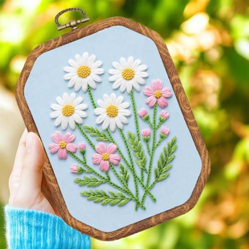 Image of INFUNLY 6 Sets Daisy DIY Embroidery Kit for Adult Octagon Lavender Stamped Embroidery Starter Kit 11.8x11.8 Vintage Flowers Hand Stitching Needlework Set with Step-by-Step Instruction