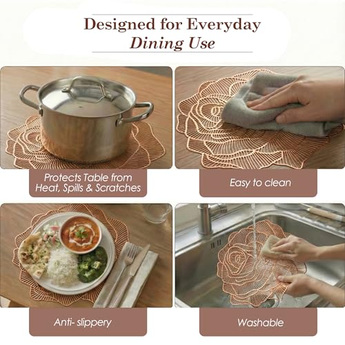 Image of Kuber Industries 4 Pcs Set Leather Side Table Mats | Easy to Clean Dining Table Mat for Party, Wedding and Family Functions | Gulab Design - Copper