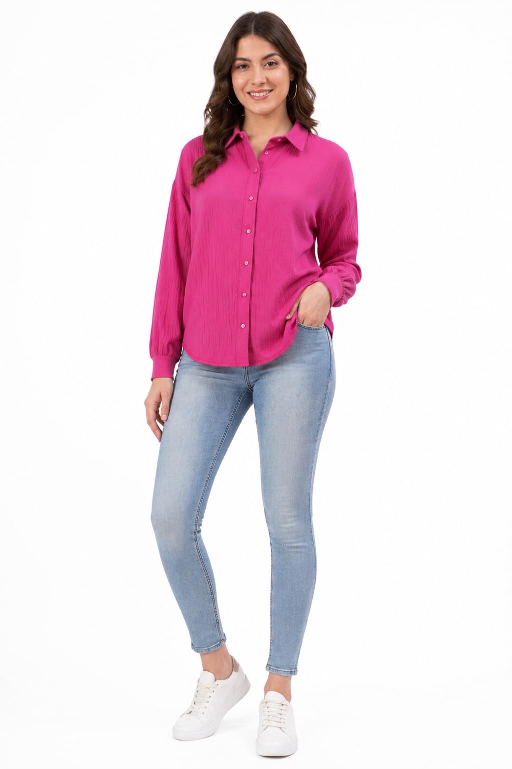 designally Women's Cotton Shirt | Casual Loose Fit Button-Down Shirt for Women | Full Sleeve Collared Top | Office Wear White, Pink-picture-46