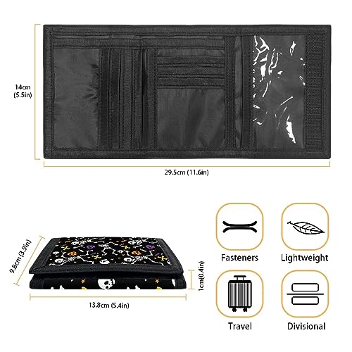 Coldinair Halloween Skeleton Print RFID Trifold Canvas Wallet Credit Card Holder for Outdoor for Women Kids Boys Girls Teens Skull Candy and Stars -Black 6