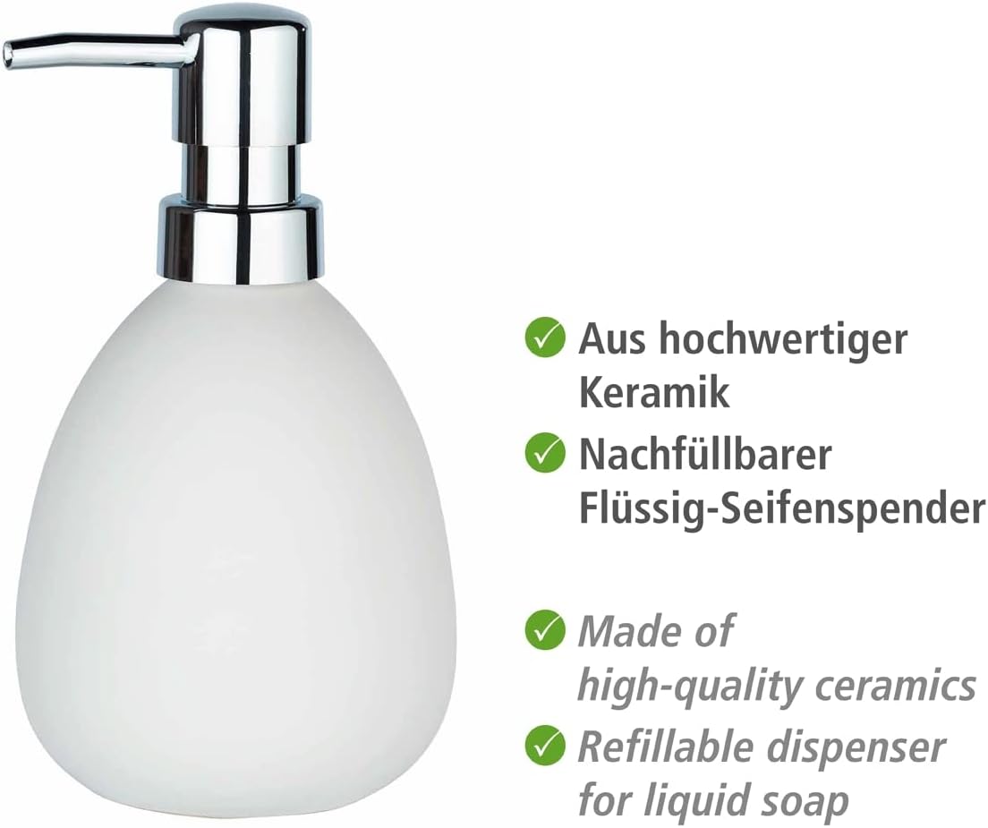 Wenko Polaris Soap Dispenser, Capacity: 0.37 L, Ceramic, 9.5 x 8.5 x 16 cm, Ceramic, Matte White, 9,5 x 16 x 9 cm