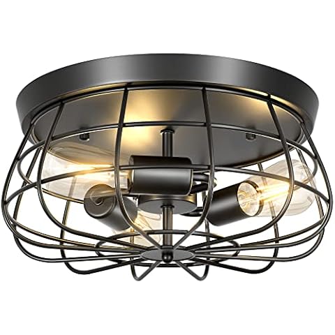 Elibbren Farmhouse Flush Mount Ceiling Light Fixture, 3-Light Black Industrial Cage Ceiling Light, 15.7" Vintage Close to Ceiling Light for Kitchen, Hallway, Dining Room, Bedroom (E26 Base, UL Listed) Cover
