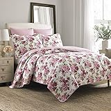 Laura Ashley Home Lidia Collection Quilt Set-100% Cotton, Reversible, Lightweight & Breathable Bedding, Pre-Washed for Added Softness, Queen, Pink