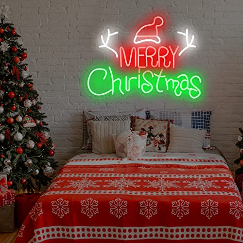 Image of Neon Sign Merry Christmas Tree Neon Lights for Wall Decor LED Neon Light Signs LED Sign for Christmas Party Home Balcony Hanging Art Living Room 23.62x17.32 IN (with Tree Branch and Hat)