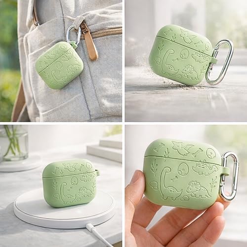 Image of Emoh Roced Case for Airpod 4 with Keychain,Silicone Dinosaur Engraved Cases Compatible with Apple AirPods 4th Generation 2024, Anti-Scratch, Protective Case Cover (Mint Green, for AirPods 4)