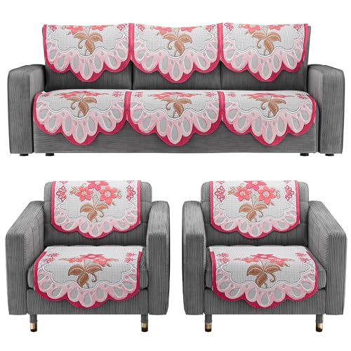 Image of Kuber Industries (Set of 10) Stylish & Durable Cotton Sofa Covers 5 Seater | Washable Sofa Protector /Mat & Slipcover for Hall, Living Room & Office | Painting Design-White & Pink