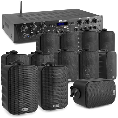 Power Dynamics Pack Sistema de Sonido 6 Zonas con Amplificador Bluetooth 600W, 12 Altavoces Negros IPX5, MP3, Radio FM, 6 Salidas Independientes y Mando, Ideal para Hogar, Oficinas y Negocios