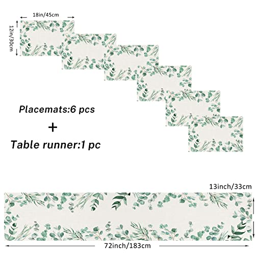 Eucalyptus Table Runner And Placemats Set Of 6, Green Leaves Seasonal Spring Summer Green Plants Dining Table Decor For Daily Use(1 Table Runner 72 Inches Long And 6 Placemats) #TOP2