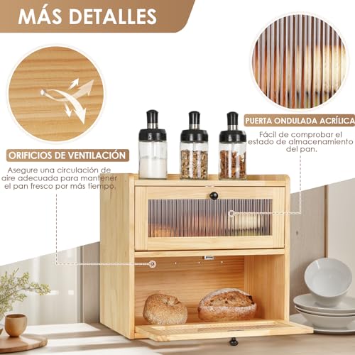 Miniatura 3 de Guusii Home Panera Vintage Paneras Para Guardar El Pan Madera Moderno Caja Contenedor De Pan Grandes Mostrador De Cocina Doble Capa Con Puerta Magnética De Acrílico 36.5 X 24 X 34 Cm Color Madera
