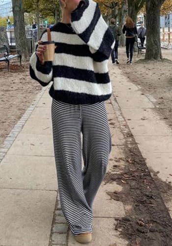 Women's Comfy Pajama Loose Casual Drawstring Lounge Pants - Striped Print Stretch Wide Leg2