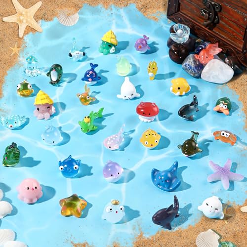 JOLCEEY 36pcs Mini Sea Animals Resin Tiny Ocean Figurines Marine Miniature Plastic Animals Aquarium Ornaments Decorations for DIY Fish Tank Potted Micro Fairy Garden Dollhouse
