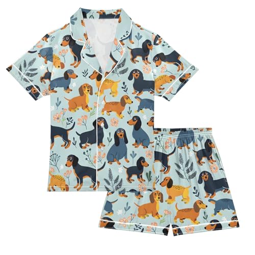 ALAZA Dachshund Dog Leaves Pajamas Satin Pajama Set Short Sleeve Button Down Sleepwear