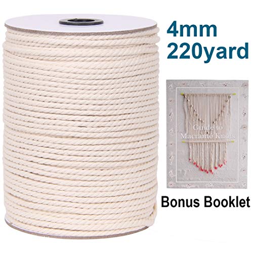 XKDOUS Macrame Cord 4mm x 220Yards, Natural Cotton Macrame Rope for Wall Hanging, Plant Hangers, Crafts, Knitting, Decorative Projects, Soft Undyed Cotton Cord