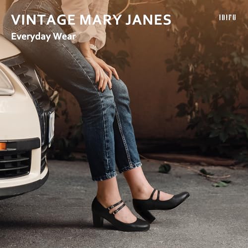 IDIFU Women's Dress Shoes for Women Pumps Mary Jane Heels Low Block Round Closed Toe Wedding Office Work3