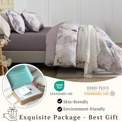 MILDLY 100% Long-Staple Cotton Duvet Cover Set Light Gray Pink Floral Leaf Pattern Printed Comforter Cover 3pcs, Ultra Soft & Breathable Bedding Set