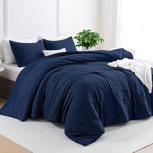 Image of Andency Navy Blue Full Size Comforter Set with Seersucker, 3 Pieces Soft Bedding Set for Boys Girls, All Seasons Breathable Bed Comforter with 2 Pillowcases, 79x90 inches
