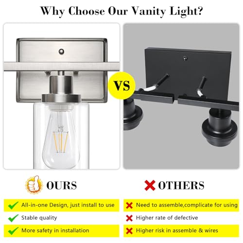 Image of Ascher Bathroom Vanity Light Fixtures, 3 Light Wall Sconces Lighting with Clear Glass Shade, Brushed Nickel Wall Lights for Mirror, Kitchen, Living Room, Gallery, E26 Base (Bulbs Not Included)