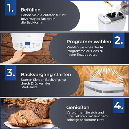 KLAMER Brotbackautomat, 14 Backprogramme, 3 einstellbare Bräunungsstufen, automatische Zubereitung von Brot, Kuchen, Pizzateig, Joghurt & Marmelade, Backform antihaftbeschichtet, Weiß – Bild 8