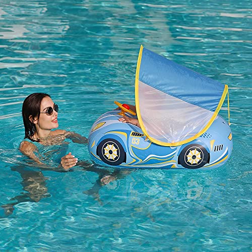 Image of Baby Pool Float with Canopy, PVC Baby Swim Float with Sun Shade Cover, 3D Car Toddler Pool Float Swimming Floats Seat Boat for 12-18, 12-24 Months, Age 2-3, 3+ Years (Blue Canopy)