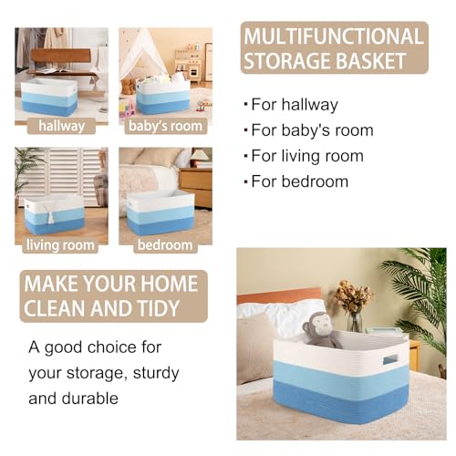 Image of OIAHOMY Large Blanket Basket, 22 inchx17 inchx12 inch Rectangle Woven Baskets, Nursery Blanket Storage Living Room, Toy Storage With Handle, Large Baskets for Organizing-Gradient Light Blue