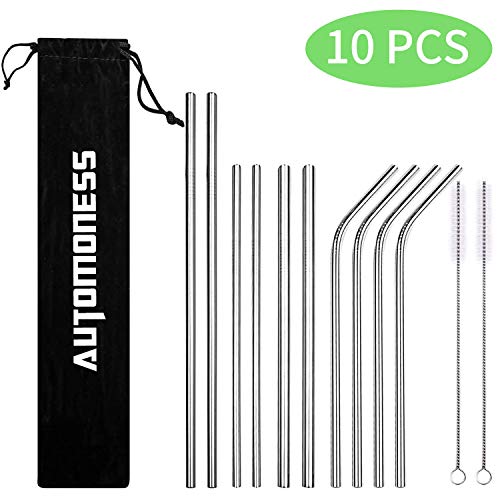 10 Pcs Pajitas de Metal,Automoness Pajitas Reutilizables con 2 Cepillos de limpieza y Bolsa Pajita Acero Ioxidable para Batidos,Jugos y Bebidas Calientes